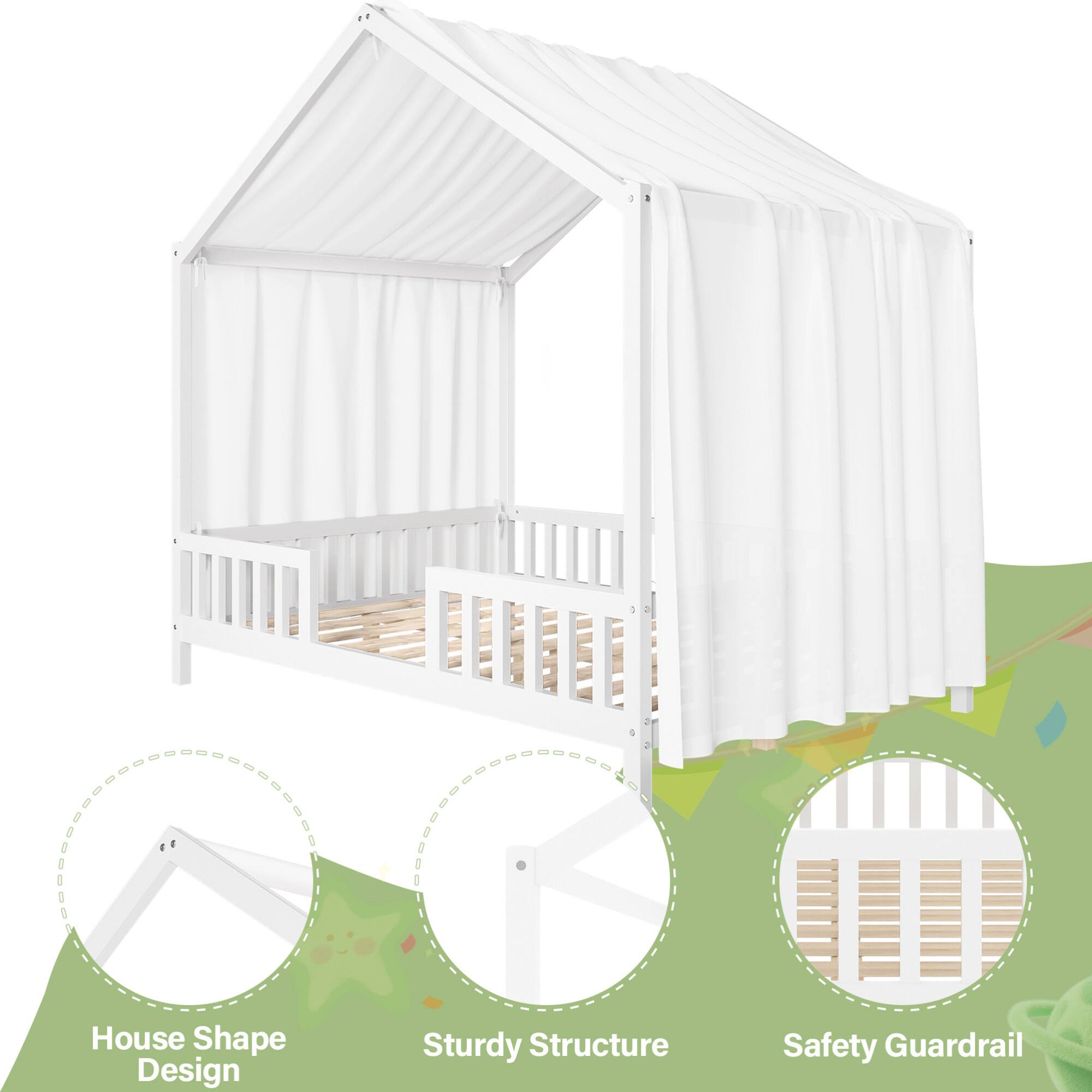 GOODSILO - Creative Canopy House-Shaped Children's Floor Bed with Safety Railings for Cozy Sleep Space - White