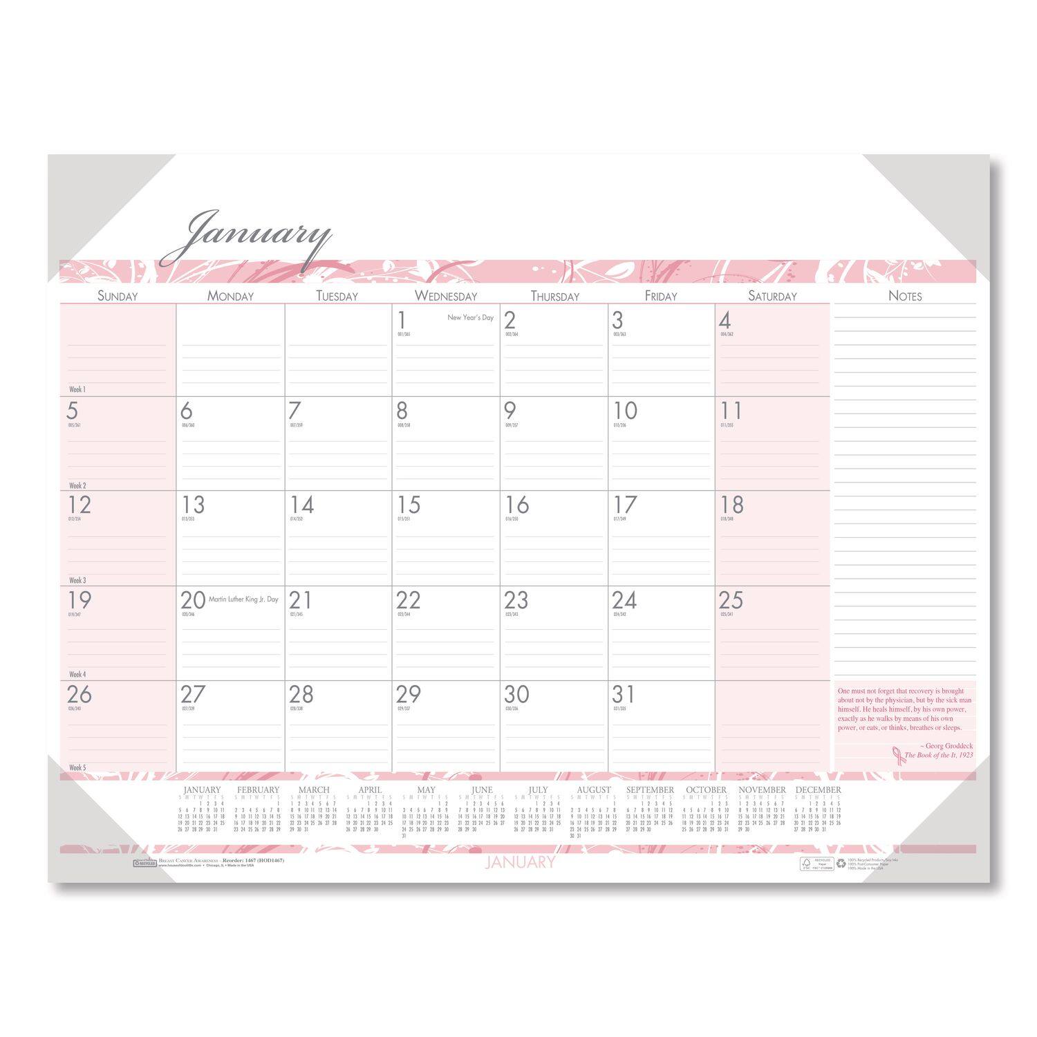 House of Doolittle - Recycled Monthly Desk Pad Calendar Breast Cancer Awareness Artwork 18.5 x 13 Black Binding Corners12 MonthJan Dec 2026