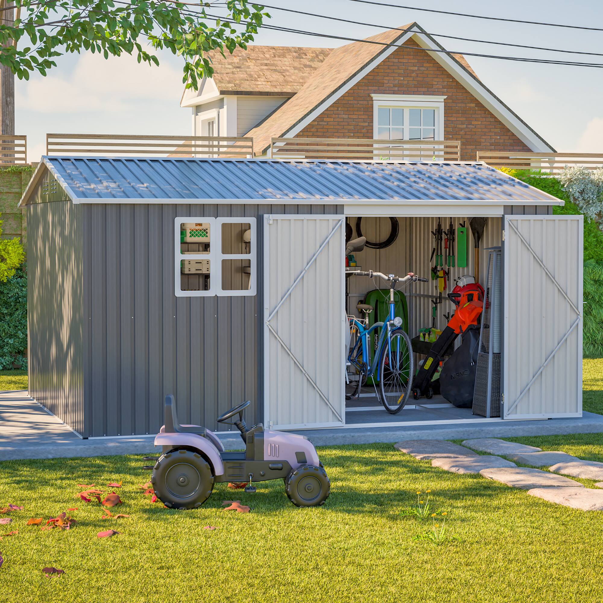 Left. Lirago - 12x10 FT Outdoor Storage Shed All-Weather Metal Shed with Lockable Doors - Gray.