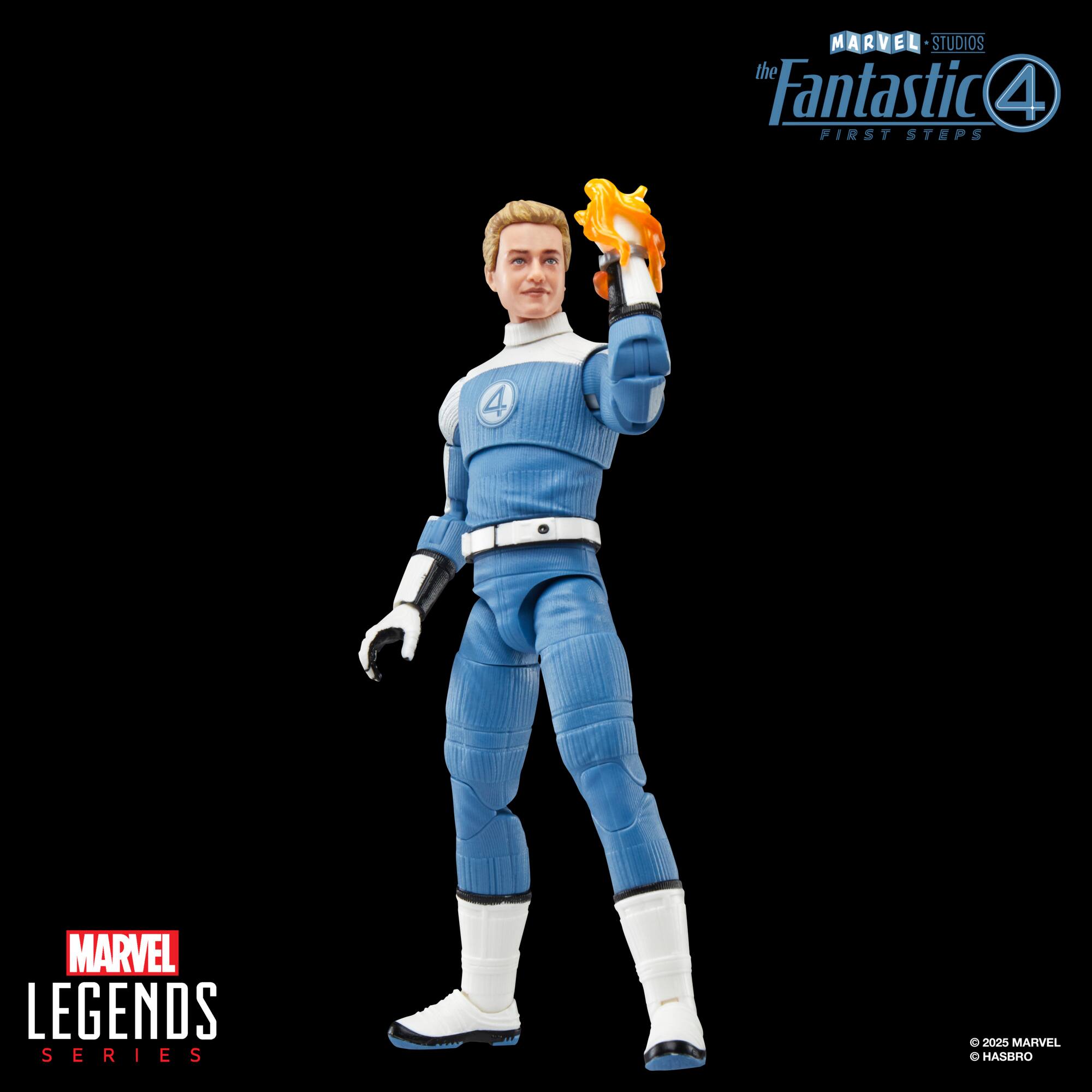The image features a Marvel Legends action figure of the Fantastic Four, specifically Mr. Fantastic. The figure is posed with one arm raised, holding a yellow object, possibly a toy or a prop. The figure is part of the Marvel Legends Series and is a collectible item for fans of the Fantastic Four.