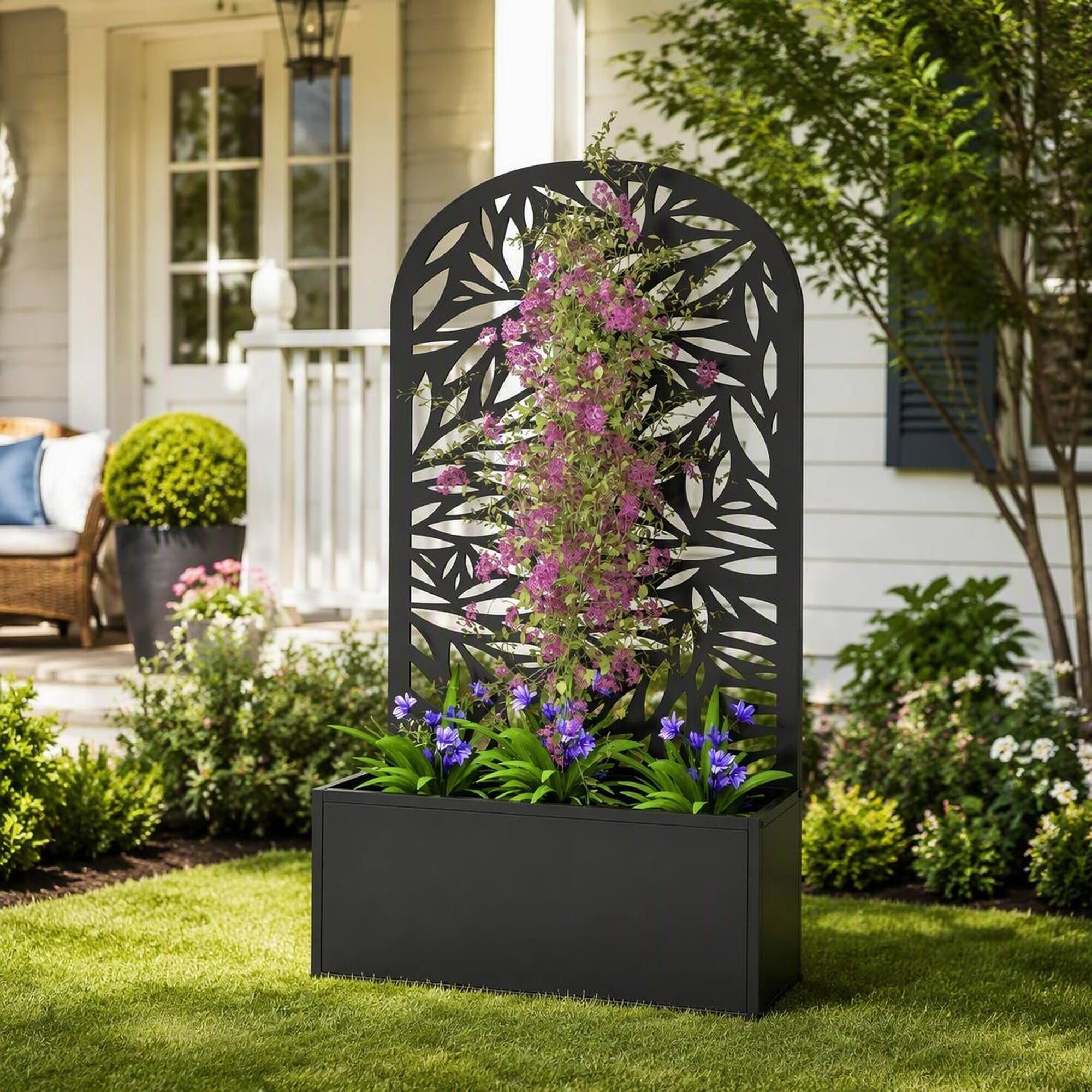 Alt View 1. RYHNUYNE - Metal Raised Garden Bed with Curved Leaf Trellis Privacy Panel, 24x9.1x44.5 Inch Black Planter Box for Wall Mount - Black.
