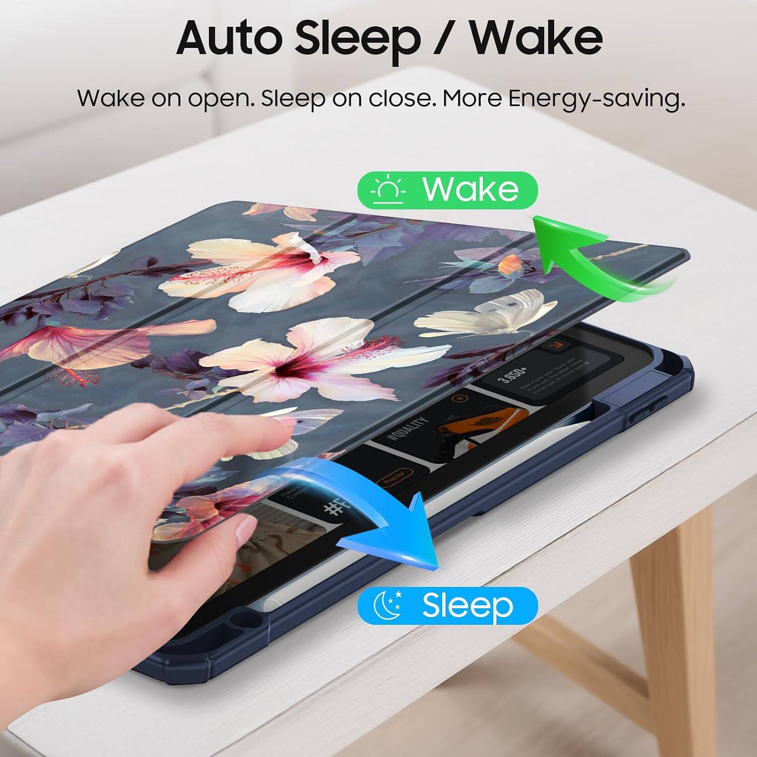Auto Sleep / Wake  
Wake on open. Sleep on close. More Energy-saving.  

Wake  
Sleep