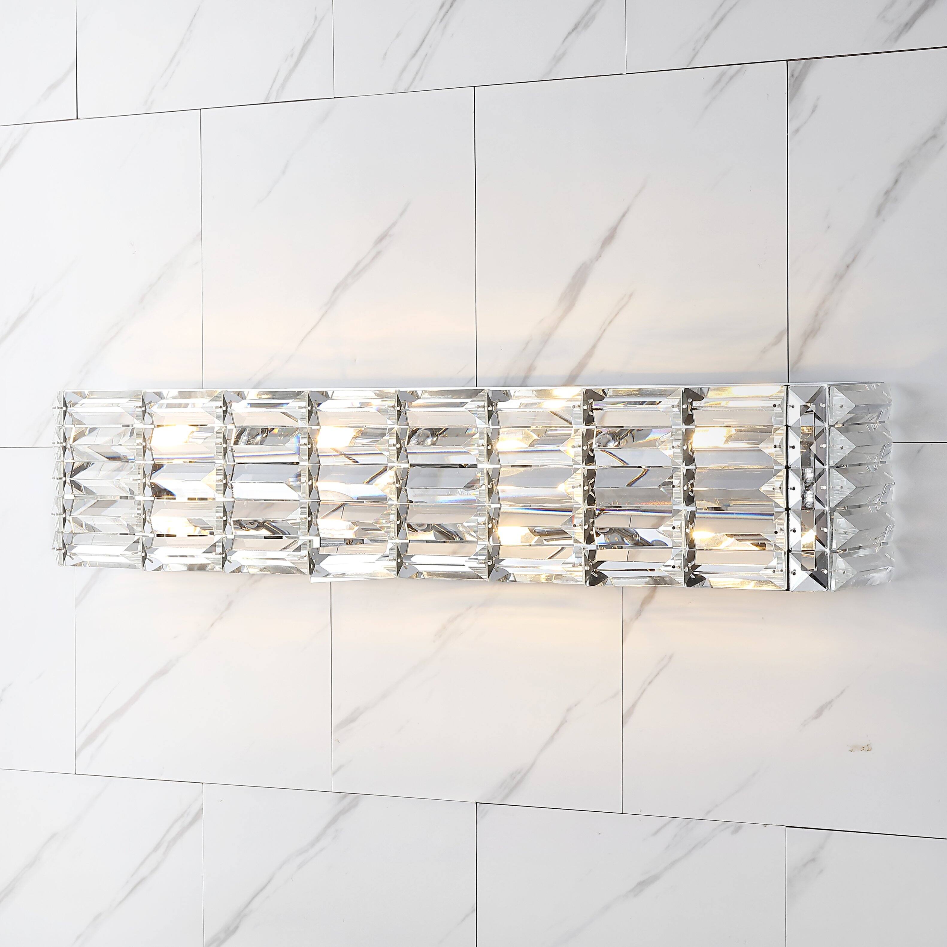 Alt View 1. Jonathan Y - Evelyn Crystal Rectangle 31.75" 4-Light Iron/Crystal Glam Modern LED Vanity Light, Chrome - Chrome.