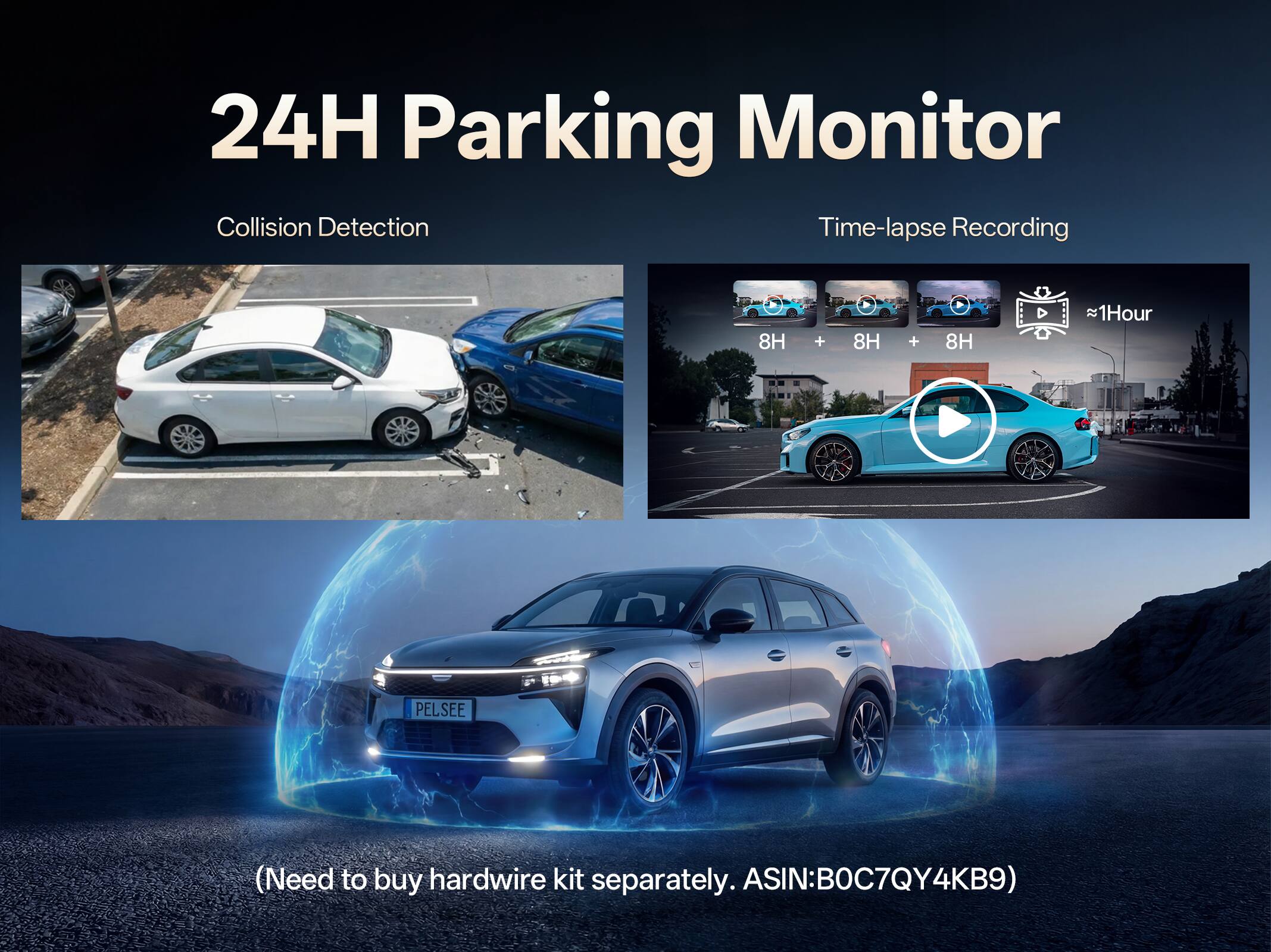 24H Parking Monitor Collision Detection Time-lapse Recording 8H + 8H + 8H = 1Hour. PELSEE (Need to buy hardwire kit separately. ASIN: BOC7QY4KB9)