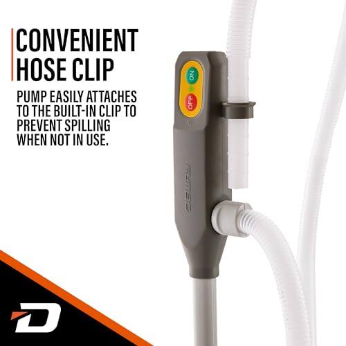 CONVENIENT HOSE CLIP PUMP EASILY ATTACHES TO THE BUILT-IN CLIP TO PREVENT SPILLING WHEN NOT IN USE. NO OFF D