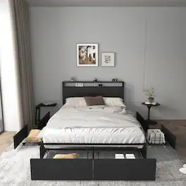 LUCKY ONE - Full Size Bed Frame, Storage Headboard with Charging Station - Black