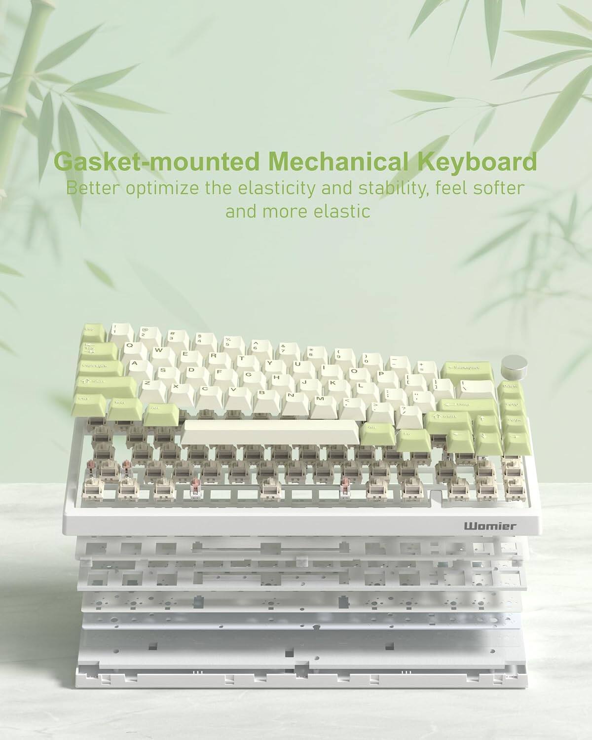 Gasket-mounted Mechanical Keyboard  
Better optimize the elasticity and stability, feel softer and more elastic.  
- a 2 W  
- x E D  
- H E 1 1 5 V  
- P T Y U I O H  
- I - L  
Slcokogink Womier