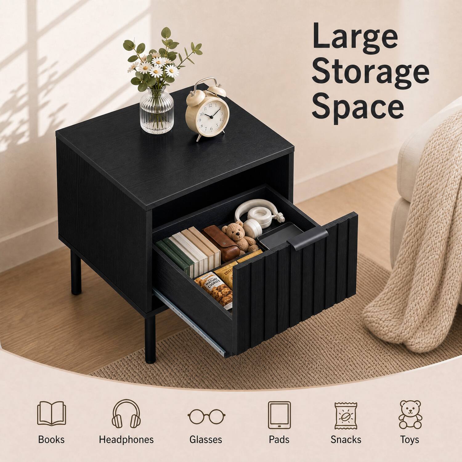 1/2 I 1 3 9 4, fun. 5 1 6

Large Storage Space

GOLD NATURE

Books
Headphones
Glasses
Pads
Snacks
Toys