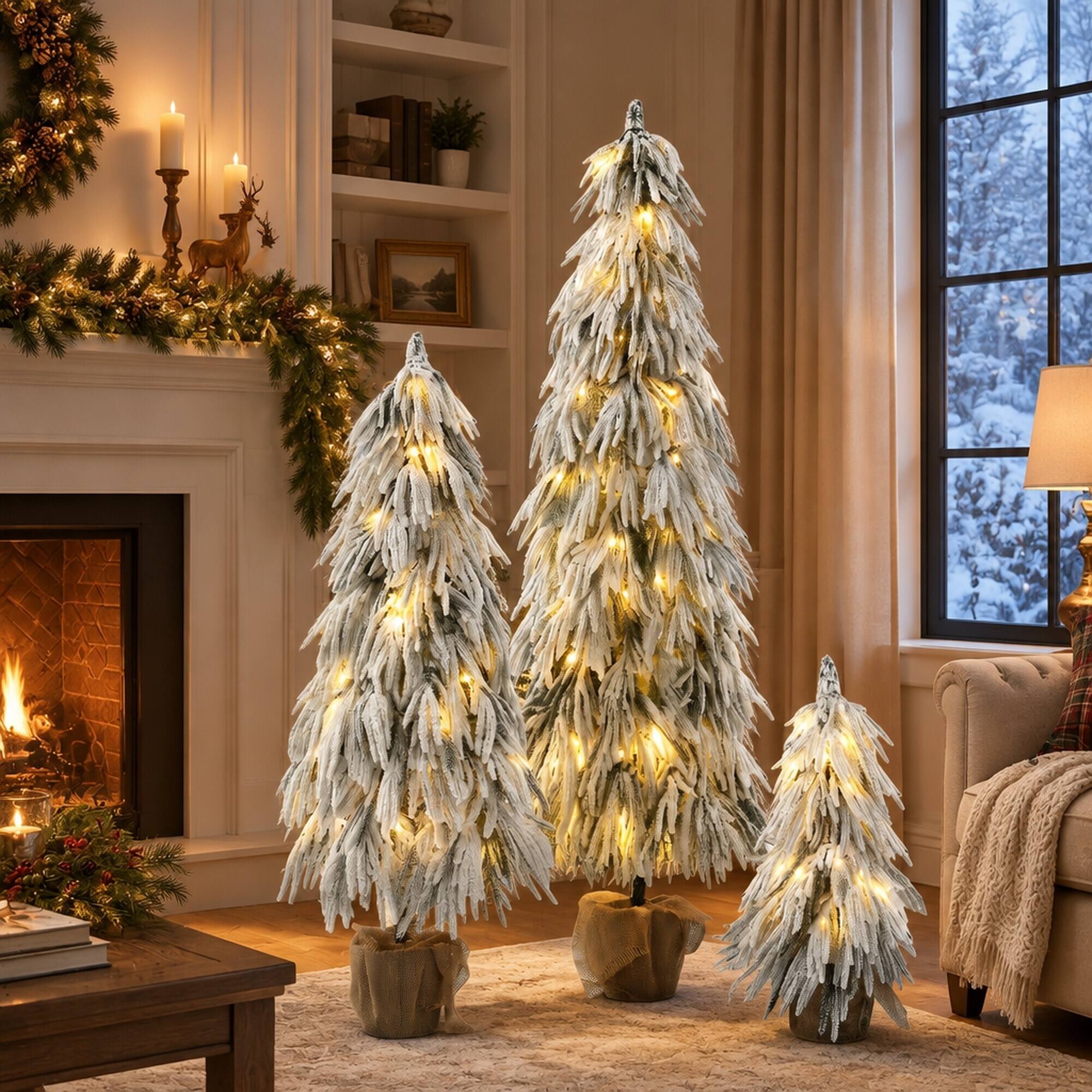 Left. RYHNUYNE - 3-Piece Pre-Lit Flocked Christmas Tree Set With 3FT 4.5FT 6FT Trees and 235 Warm White Multi-Color LED Lights - Green,White.