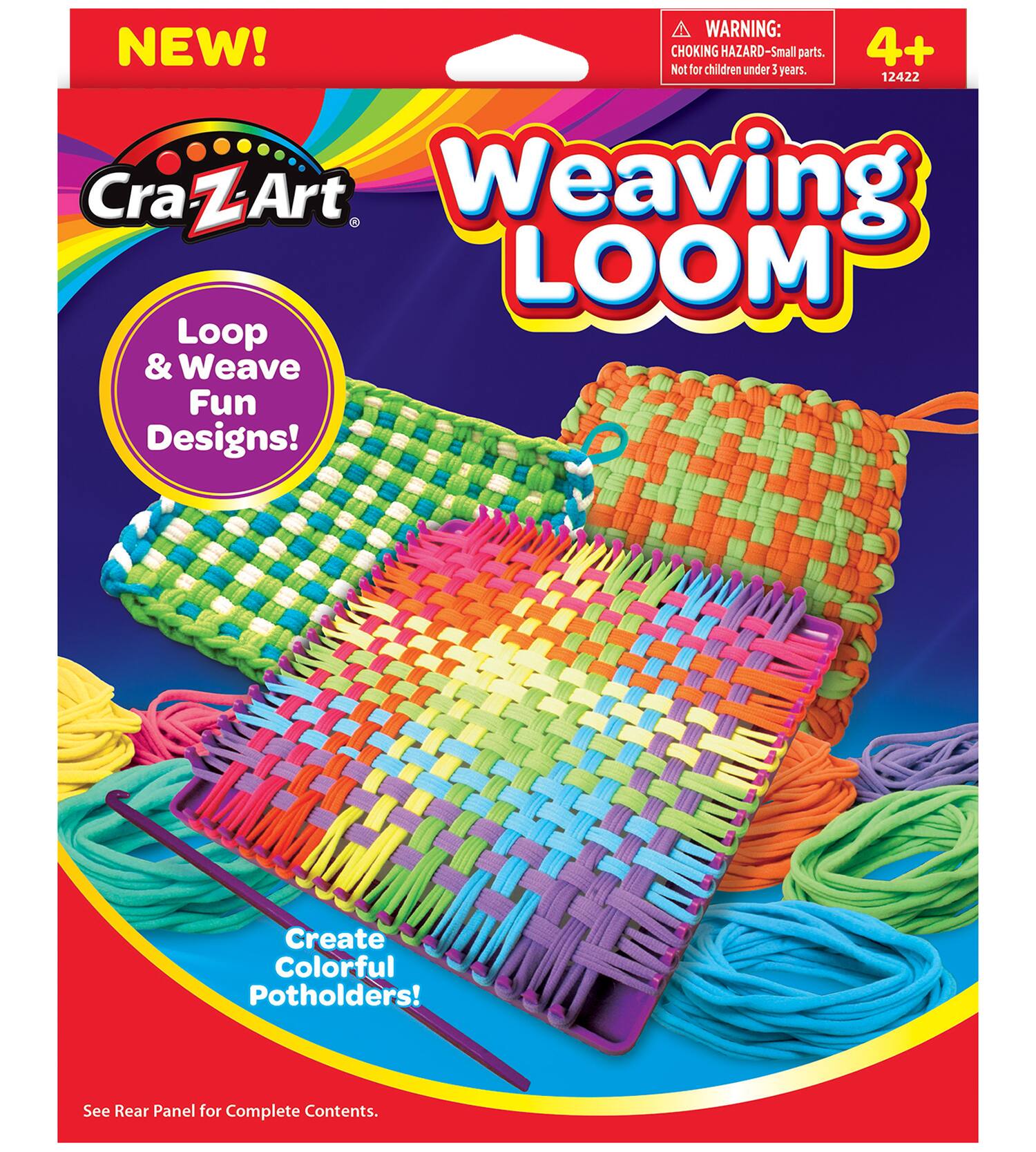 WARNING: NEW! CHOKING HAZARD - Small parts. 4+ Not for children under 3 years. Cra CraZArt Z Art Weaving Loom Loop & Weave Fun Designs! Create Colorful Potholders! See Rear Panel for Complete Contents.