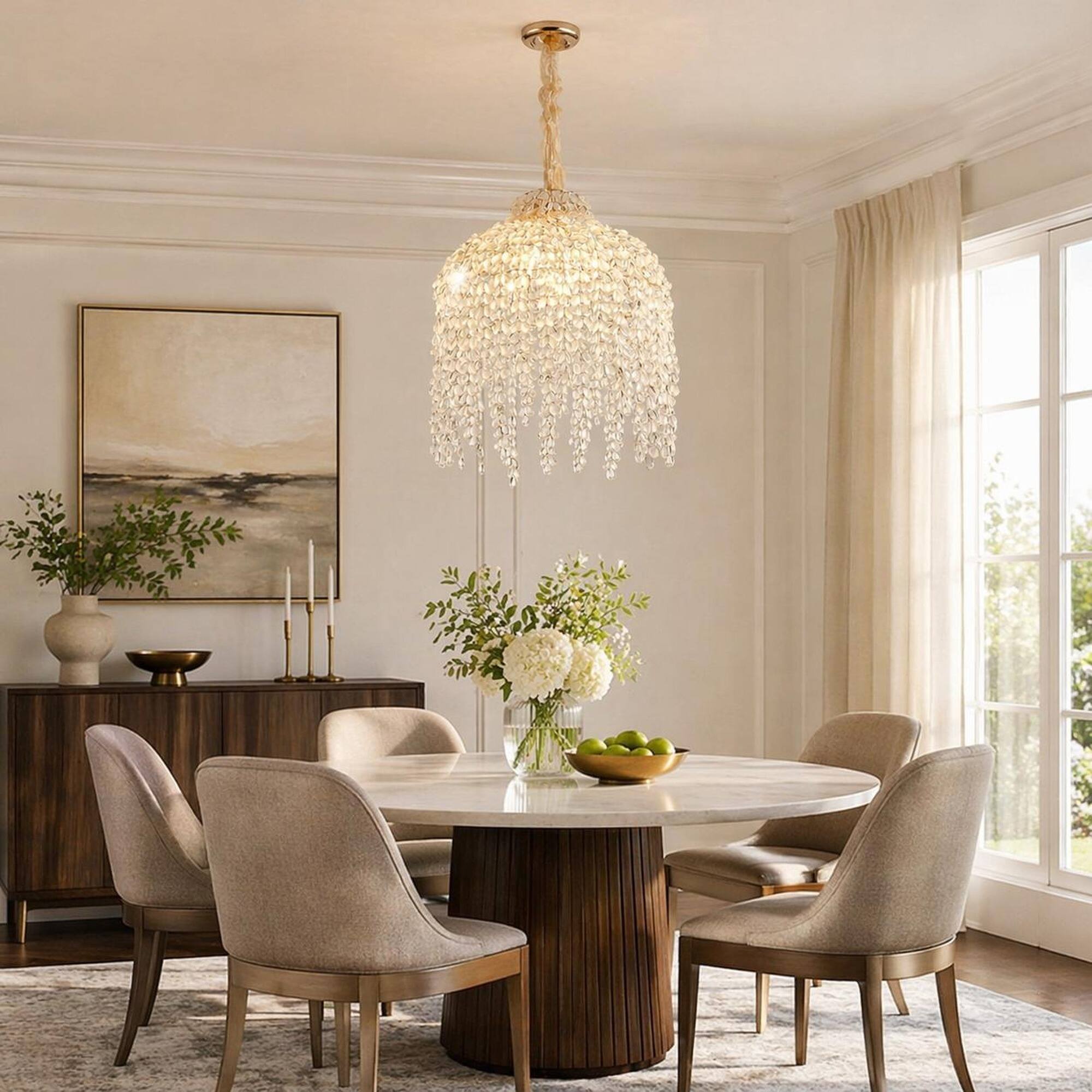 Back. RYHNUYNE - Elegant 16-Inch 5-Light Gold Crystal Chandelier with Cascading Grape Beads – Adjustable Ceiling Pendant.