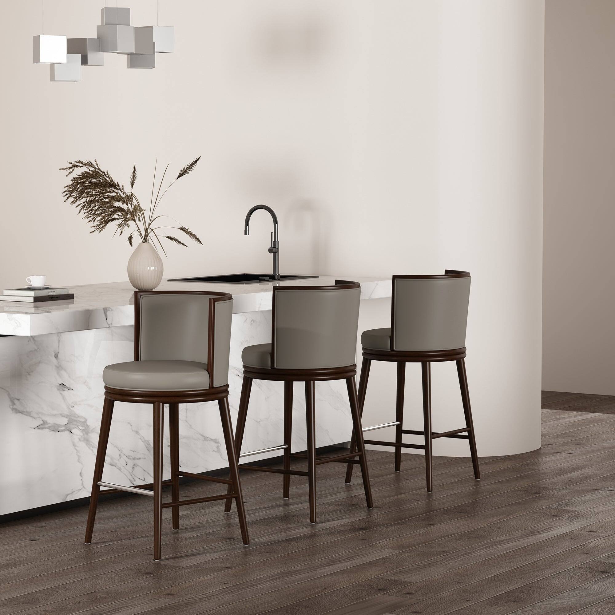 Angle. Manhattan Comfort - Evalyn Modern Wood Upholstered Barstool - Set of 3 - Taupe.