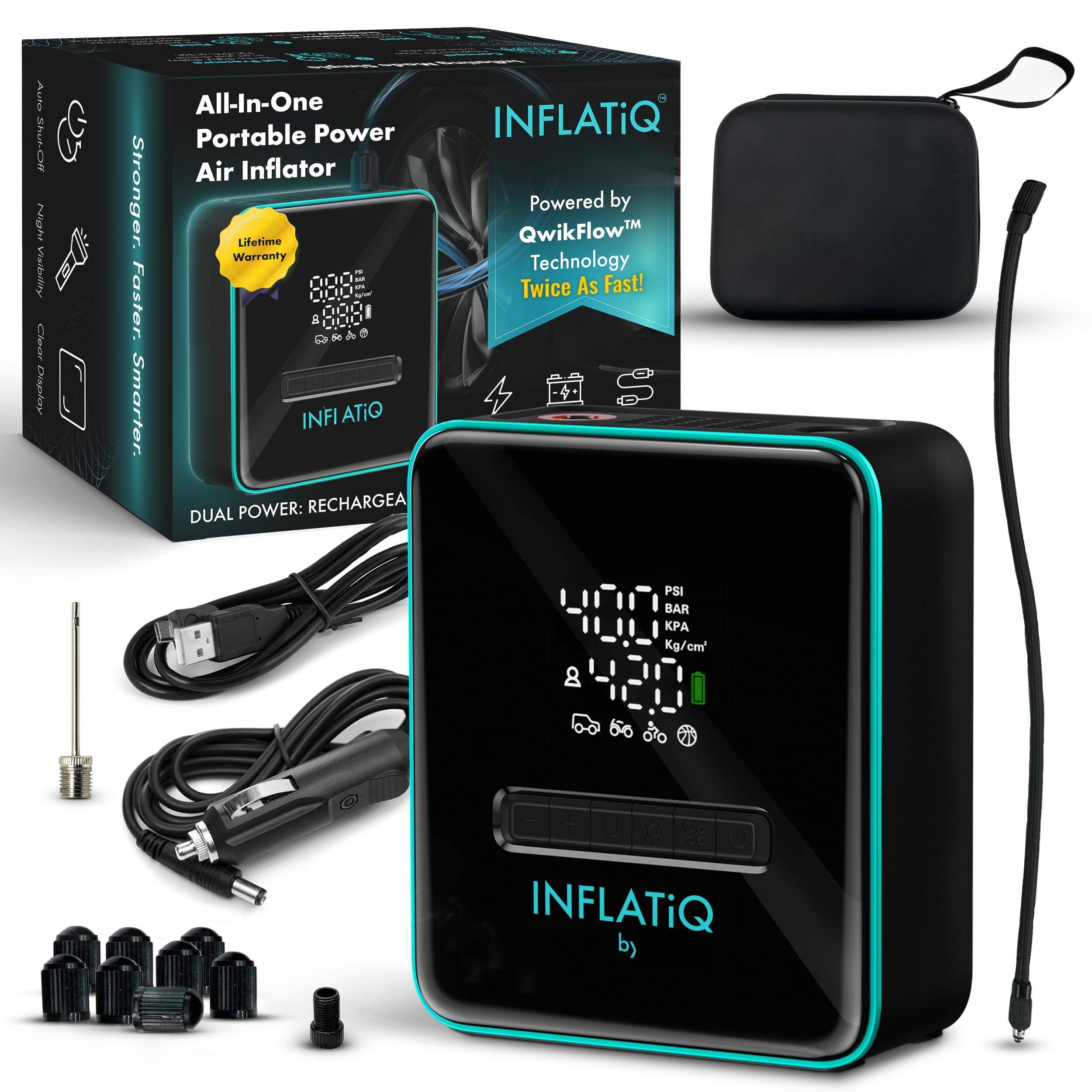 Auto Shu OF Vail Clear Display Stronger. Faster. Smarter. All-In-One Portable Power Air Inflator Lifetime Warranty - a 1 INFI ATiQ POWER: RECHARGEABLE DUAL INFLATiQ Powered by TM QwikFlow™ Technology Twice As Fast! 4 0 PSI BAR Kg/cm INFLATiQ by