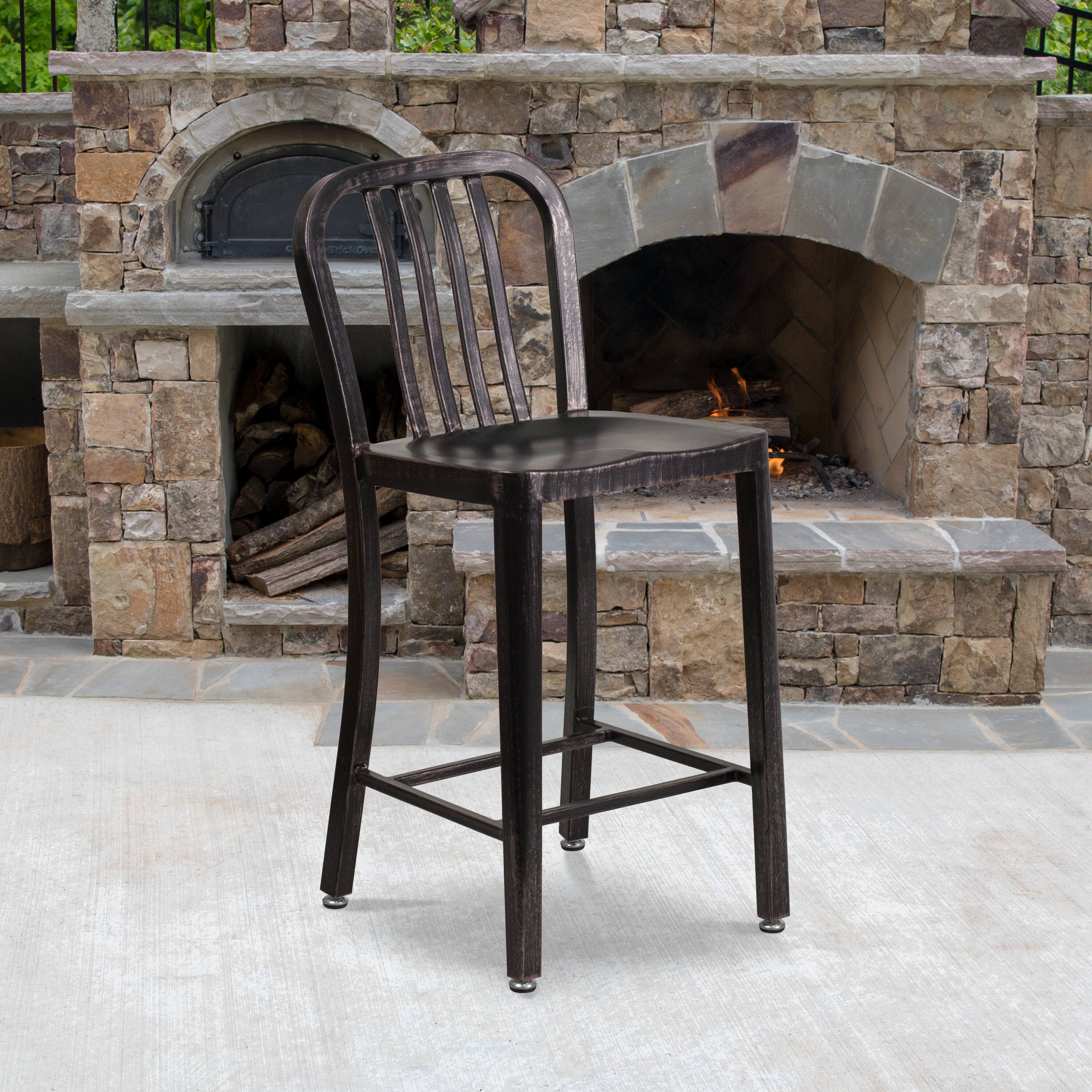 Alt View 1. Emma + Oliver - Commercial Grade 24"H Colorful Metal Indoor-Outdoor Vertical Slat Counter Stool - Black-Antique Gold.