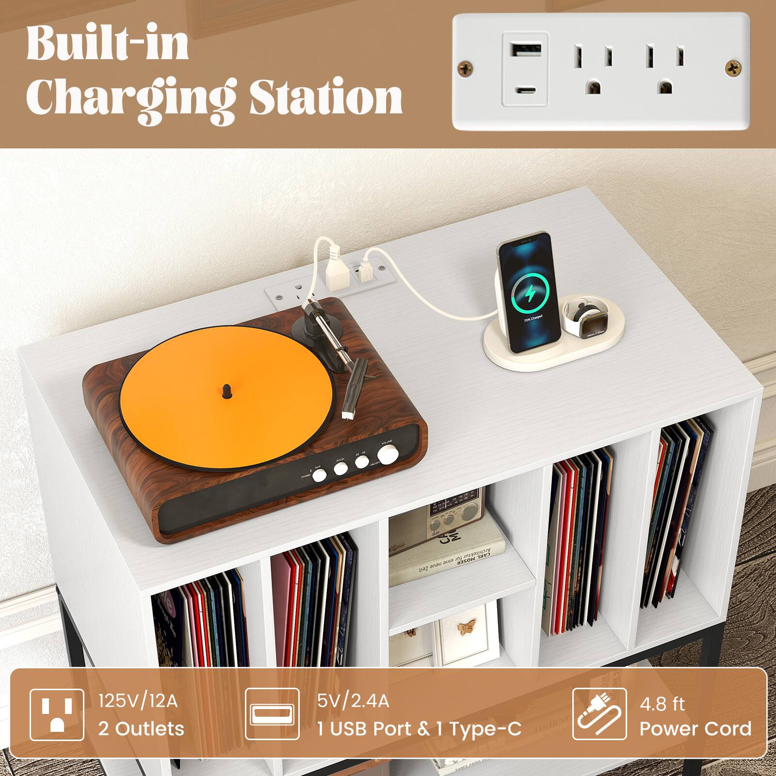 Built-in Charging Station

- 125V/12A
- 2 Outlets
- 5V/2.4A
- 1 USB Port & 1 Type-C
- 4.8 ft Power Cord
