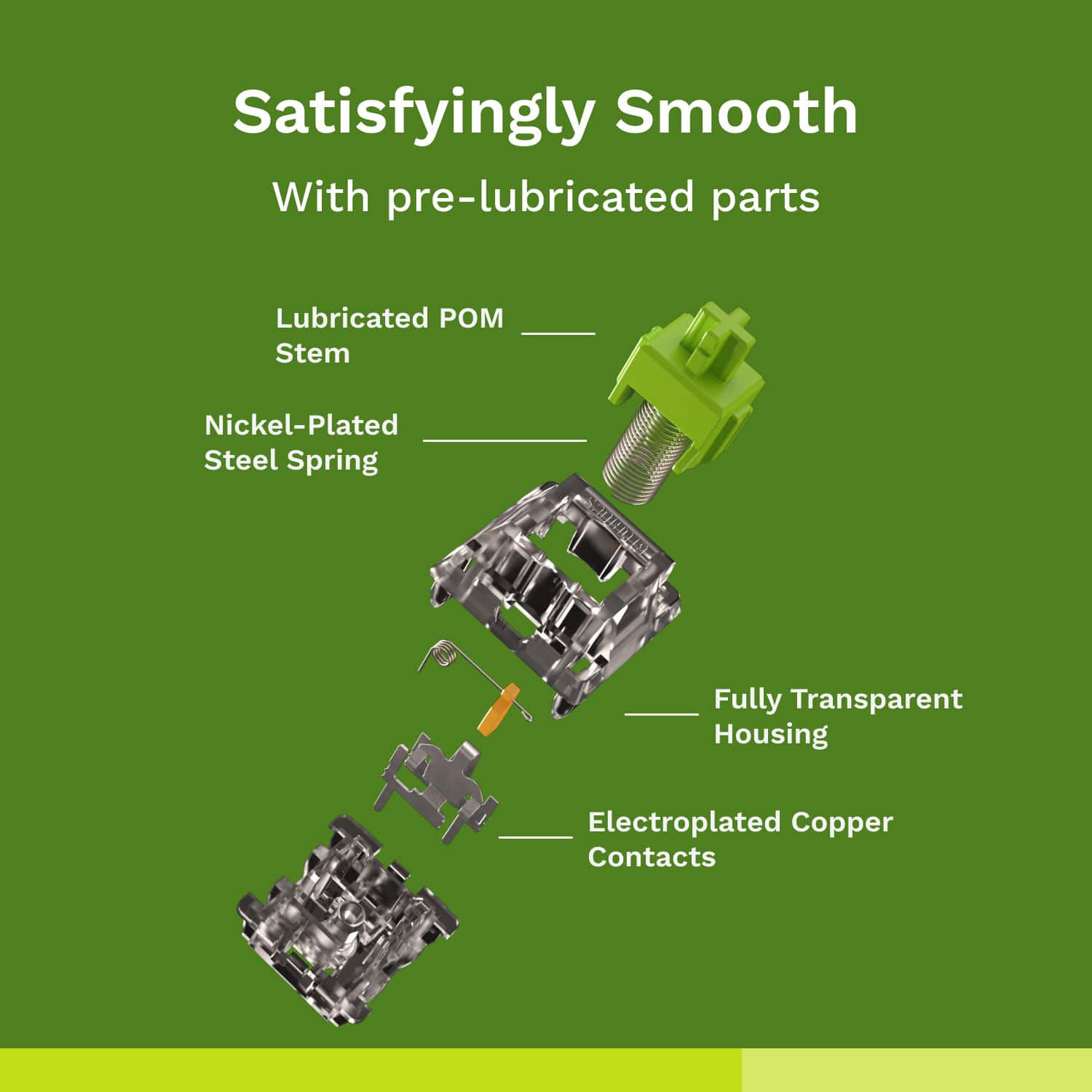 Satisfyingly Smooth With pre-lubricated parts: Lubricated PO Stem, Nickel-Plated Steel Spring, Fully Transparent Housing, Electroplated Copper Contacts.