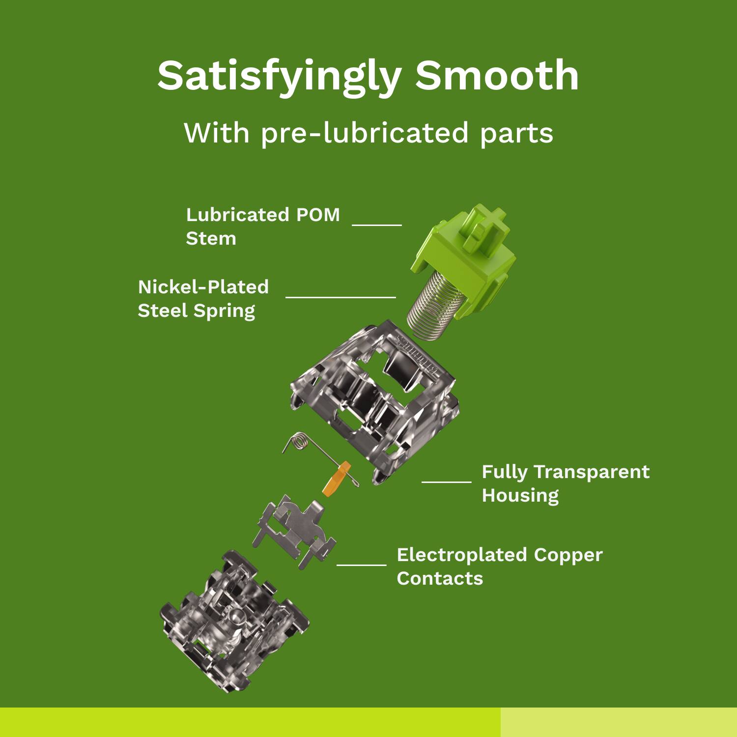 Satisfyingly Smooth With pre-lubricated parts: Lubricated PO Stem, Nickel-Plated Steel Spring, Fully Transparent Housing, Electroplated Copper Contacts.