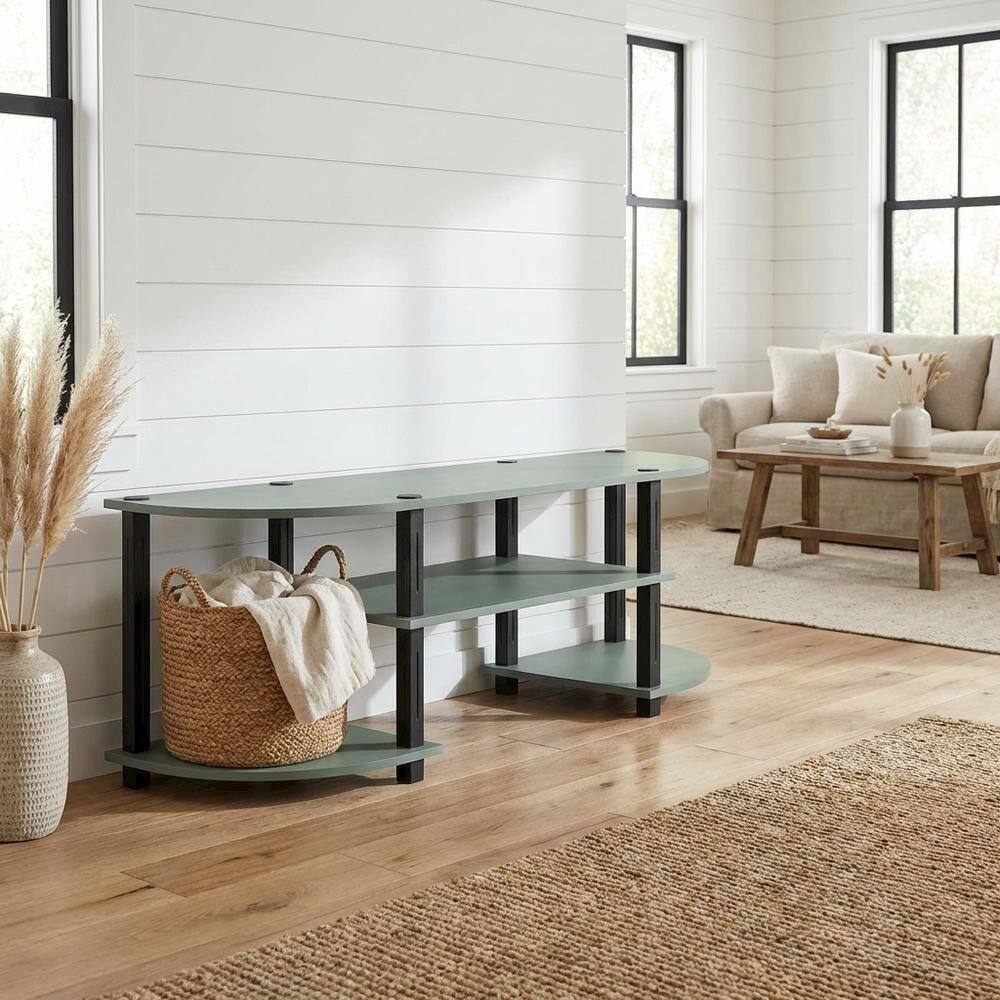 Alt View 1. FurniFact - Sage Green TV Stand, 55-Inch Flat Screen, Open Shelves, Rounded Corners - White.