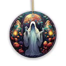 OrnamentallyYou - Spectral Shivers Hauntingly Scary Ghost Stained Glass Style Ceramic Ornament Halloween Themed - Multi-colored