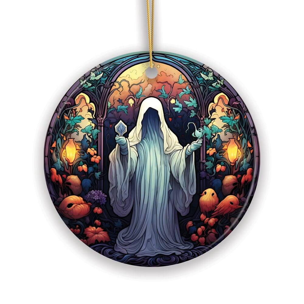 Front. OrnamentallyYou - Spectral Shivers Hauntingly Scary Ghost Stained Glass Style Ceramic Ornament Halloween Themed - Multi-colored.