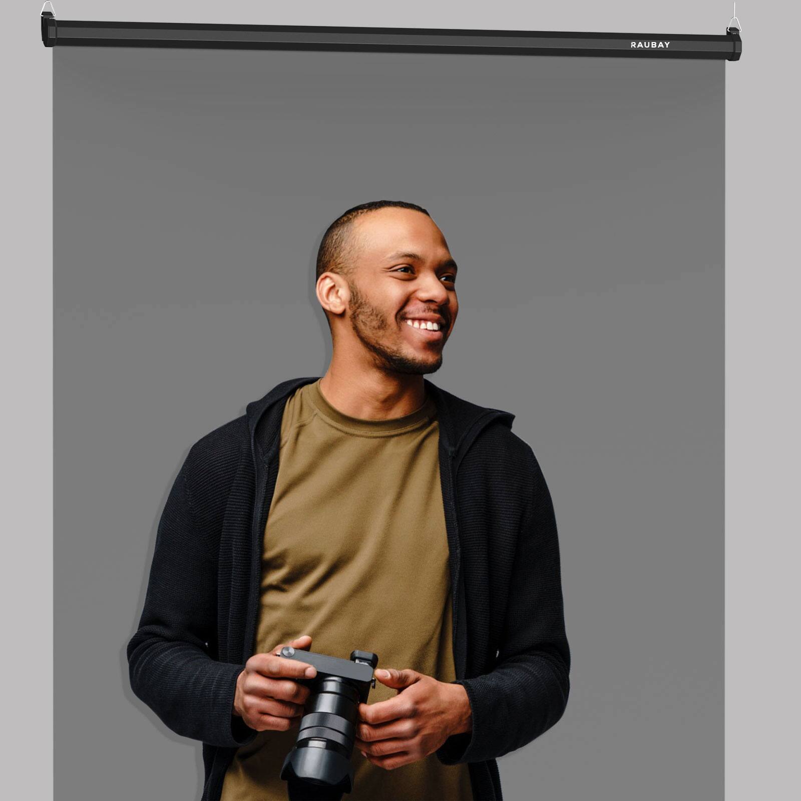 Alt View 2. RAUBAY - 5′ x 7.2′ Pull Down Grey Screen Backdrop Retractable Collapsible Wall-Mount Background - Grey.