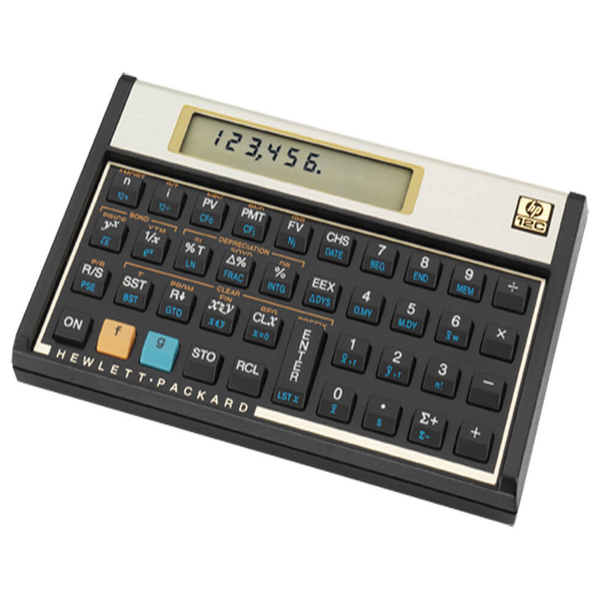 Sure, here is the corrected and grouped text from the image:

**Calculator Display:**
- 123,456.

**Brand:**
- Hewlett-Packard

**Model:**
- HP 12C

**Buttons:**
- n
- i
- PV
- PMT
- FV
- CHS
- DATE
- BEG
- END
- MEM
- 7
- 8
- 9
- +
- 4
- 5
- 6
- ×
- 1
- 2
- 3
- -
- 0
- .
- ÷
- ENTER
- R/S
- SST
- RCL
- LSTx
- R↑
- R↓
- RCL
- RCL
- RCL
- RCL
- RCL
- RCL
- RCL
- RCL
- RCL
- RCL
- RCL
- RCL
- RCL
- RCL
- RCL
- RCL
- RCL
- RCL
- RCL
- RCL
- RCL
- RCL
-