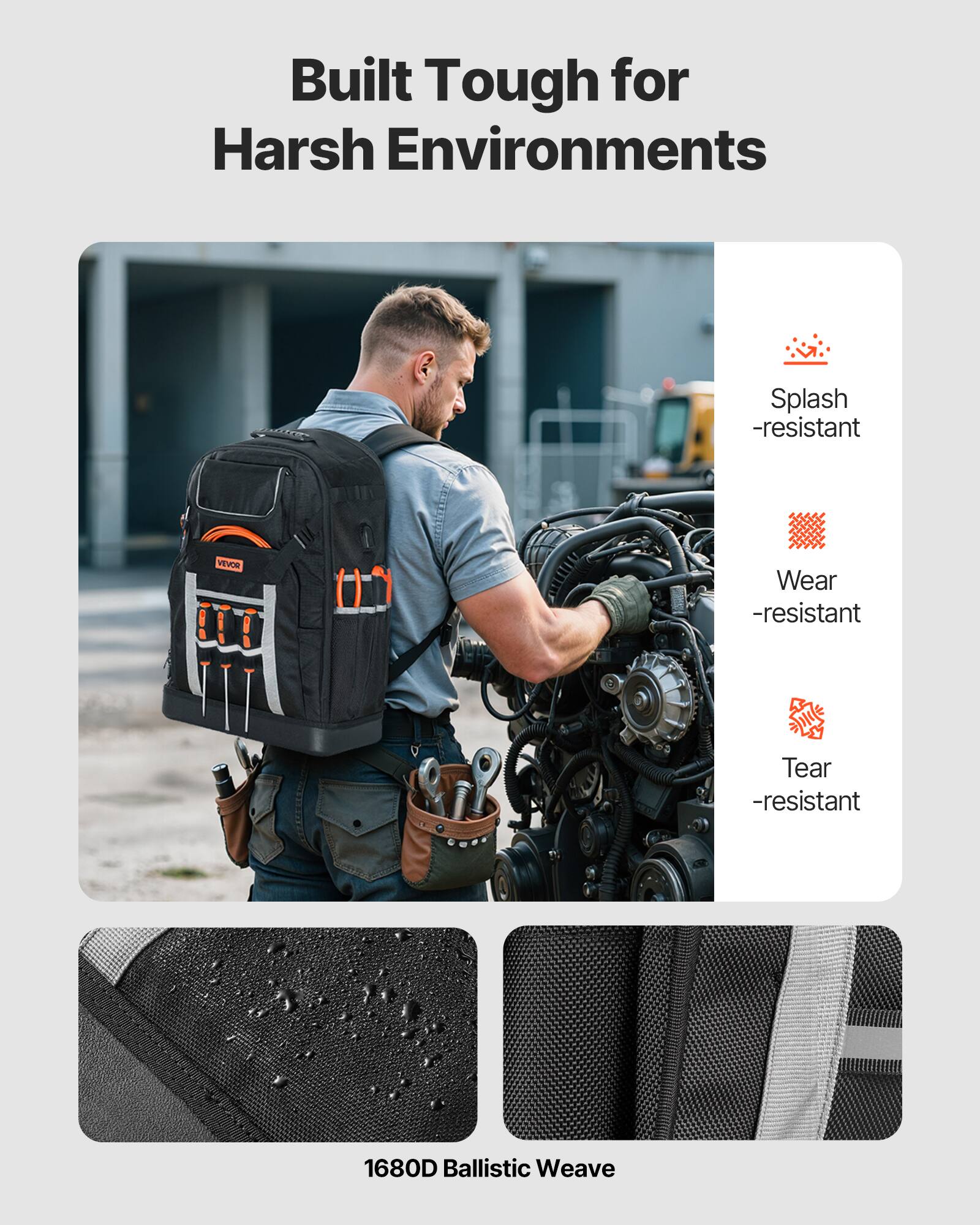 Built Tough for Harsh Environments

- Splash-resistant
- Wear-resistant
- Tear-resistant

1680D Ballistic Weave