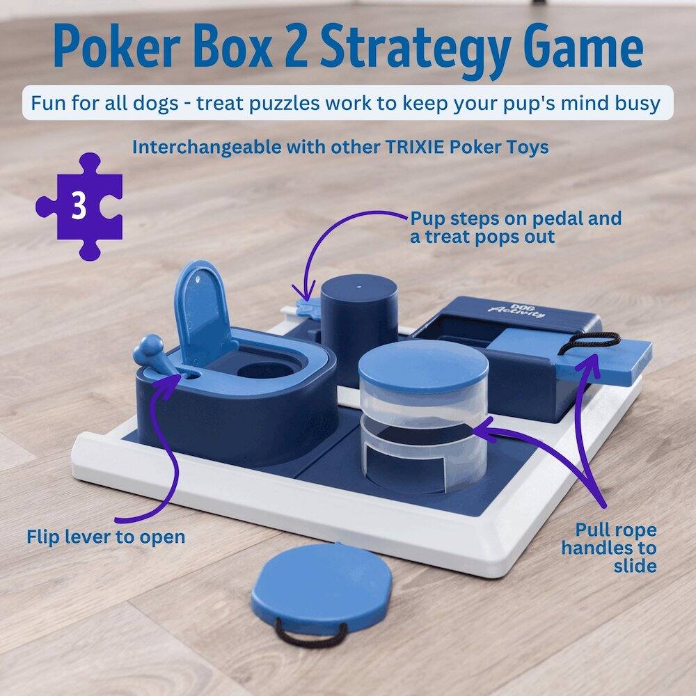Poker Box 2 Strategy Game  
Fun for all dogs - treat puzzles work to keep your pup's mind busy  
Interchangeable with other TRIXIE Poker Toys  
3  
Pup steps on pedal and a treat pops out  
Flip lever to open  
Pull rope handles to slide
