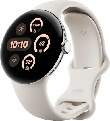 The text on the image reads "7,789 10:10 62 Q 32." This information is likely related to the watch's features and functions, such as the time, temperature, and possibly a heart rate monitor. The watch is white and has a black face, making it a modern and stylish accessory.