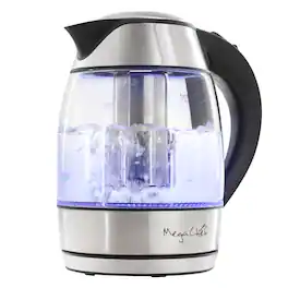 MegaChef - 1.8Lt. Glass Body and Stainless Steel Electric Tea Kettle with Tea Infuser - Clear