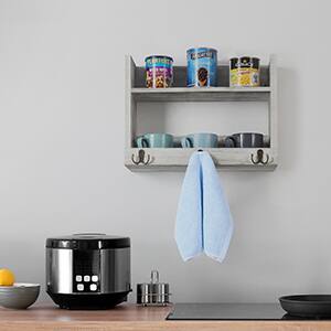 Alt View 2. Oumilen - Whitewashed Wall Mounted Storage Shelf with Hooks – Wooden Organizer for Kitchen Bathroom Entryway - Whitewashed.