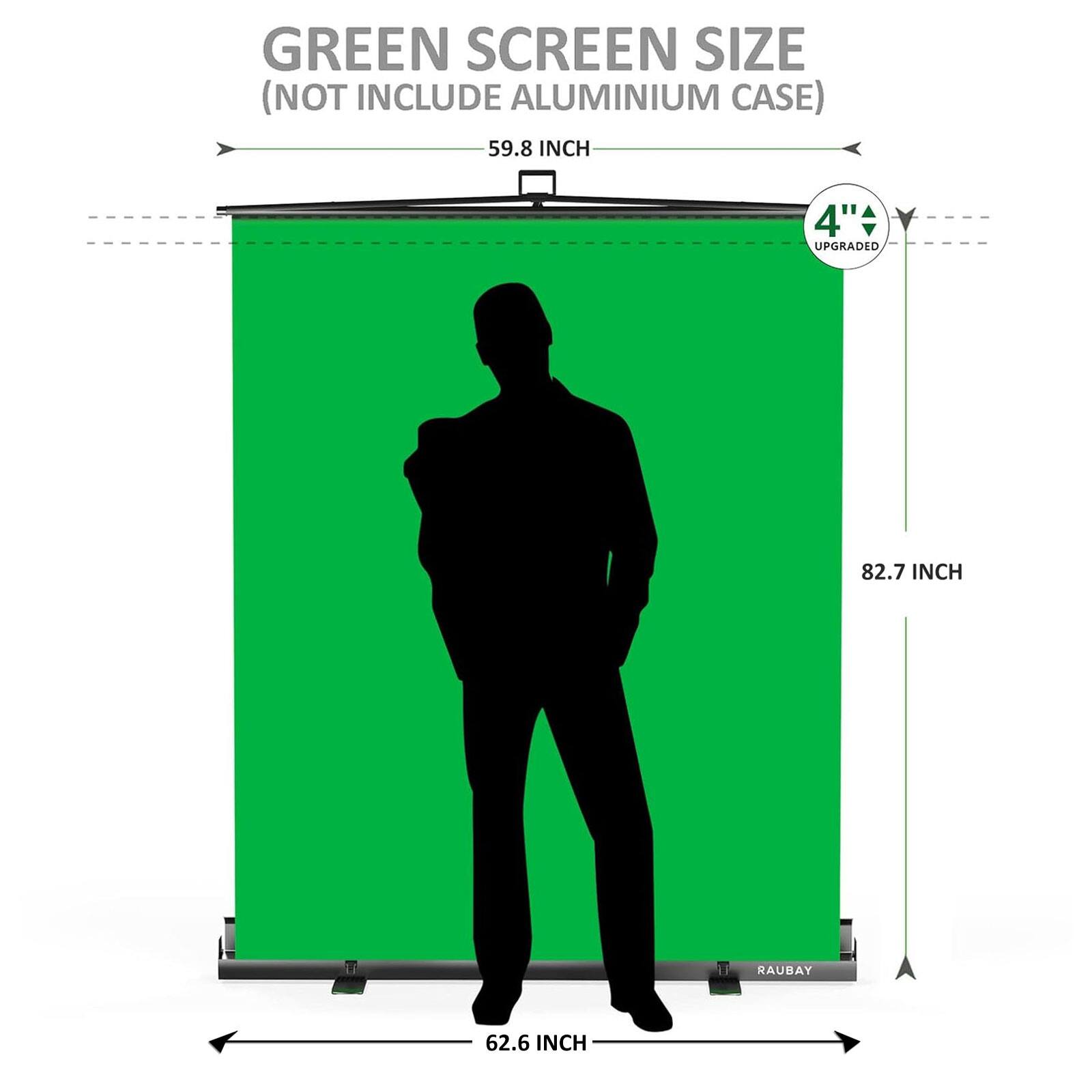 GREEN SCREEN SIZE (NOT INCLUDE ALUMINIUM CASE) 59.8 INCH 4" UPGRADED 82.7 INCH 62.6 INCH