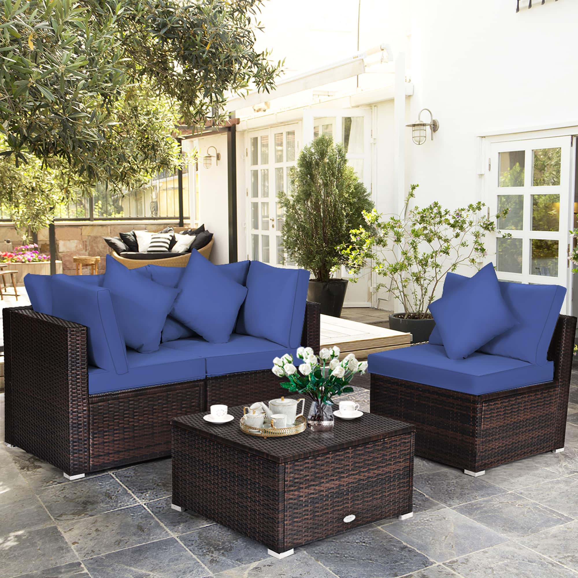 Gymax - 4PCS Rattan Patio Conversation Furniture Set Yard Outdoor w/ Cushion - Navy