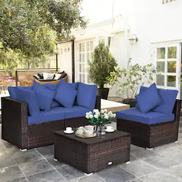 Gymax - 4PCS Rattan Patio Conversation Furniture Set Yard Outdoor w/ Cushion - Navy