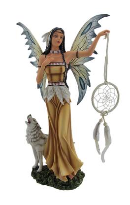 Zeckos - Una and Tala The Native American Dream Fairy and White Wolf Statue - Brown
