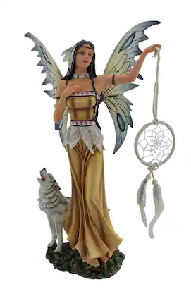 Front. Zeckos - Una and Tala The Native American Dream Fairy and White Wolf Statue - Brown.