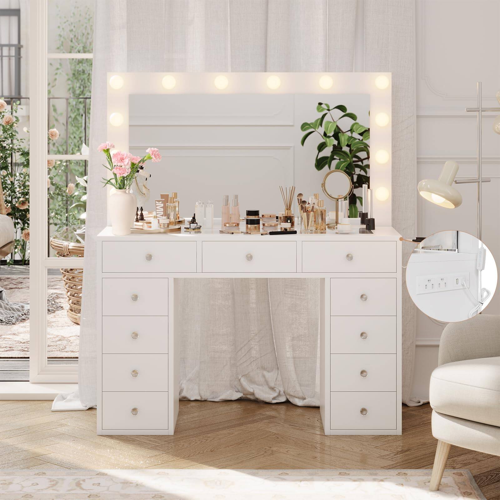 Alt View 1. Jojoka - Makeup Vanity Desk with Mirror & 12 LED Lights, White Glass Top Dressing Table with 11 Drawers & Power Outlet - White.