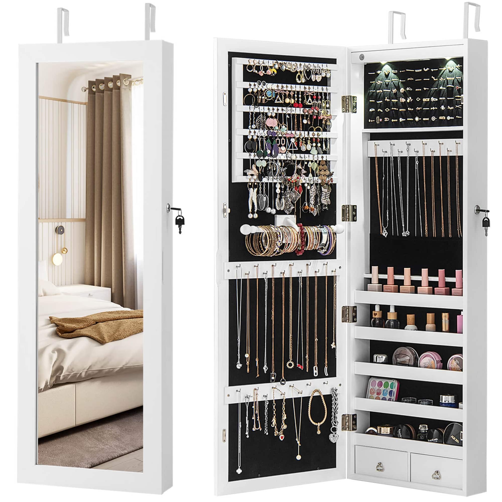 Front. Costway - Mirror Jewelry Cabinet with Full Length Clear Mirror & Internal LED Lights Hooks - White.