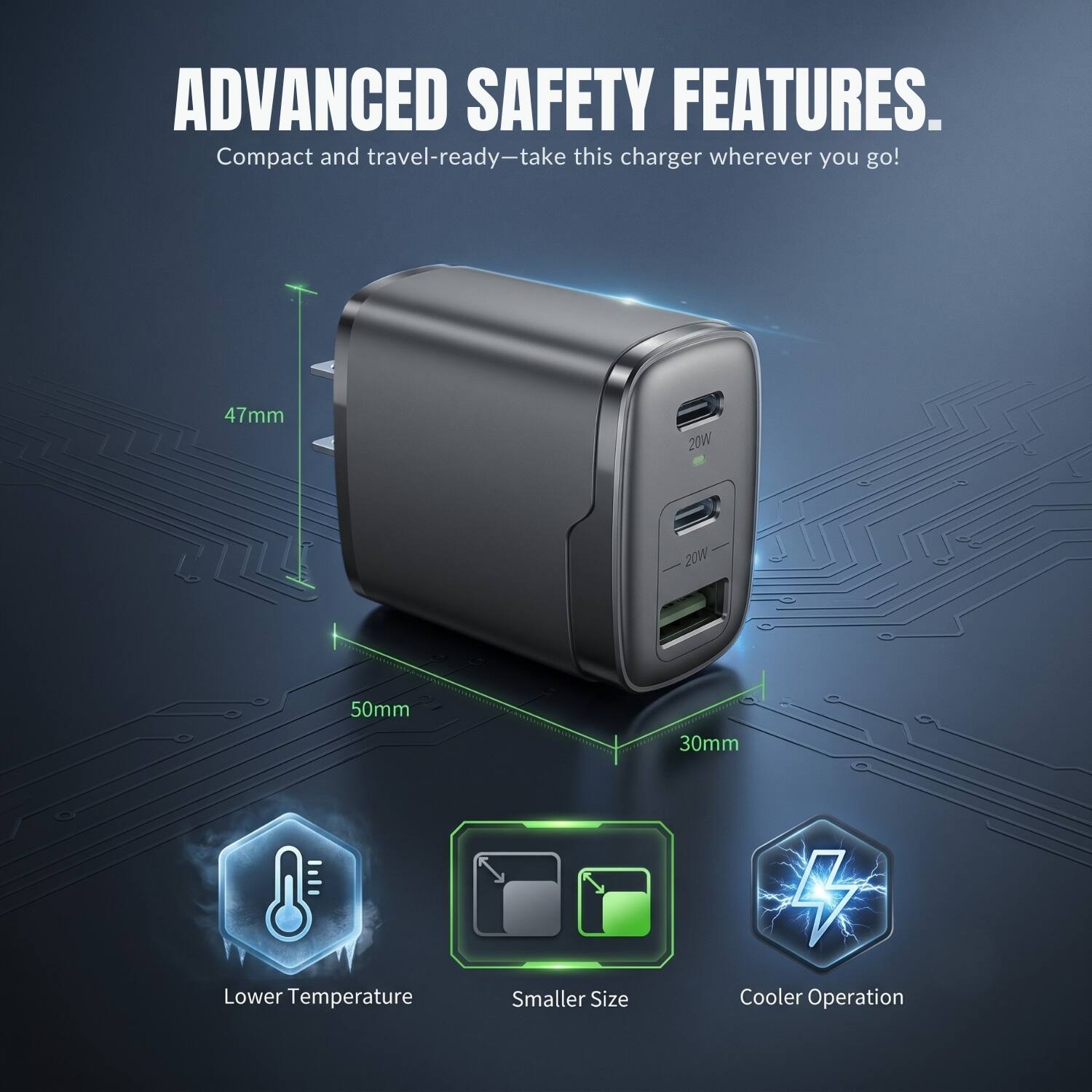 ADVANCED SAFETY FEATURES. Compact and travel-ready—take this charger wherever you go! 47mm 20W 50mm 30mm Lower Temperature Smaller Size Cooler Operation