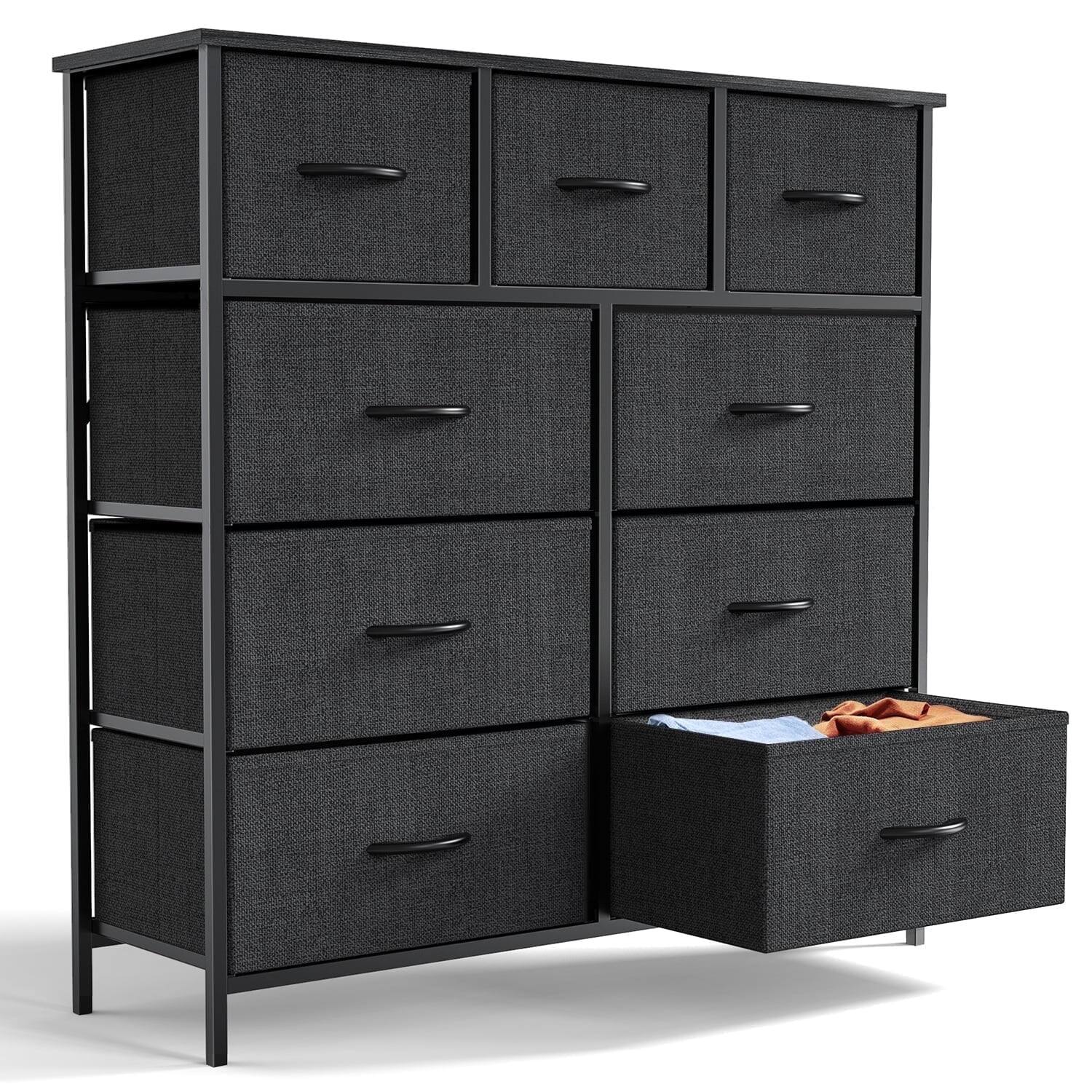 AOITUN - 9 Drawer Dresser, Wide Chest Of Drawers Nightstand Storage Tower Storage Dresser Fabric Dresser With Wood Top - Black