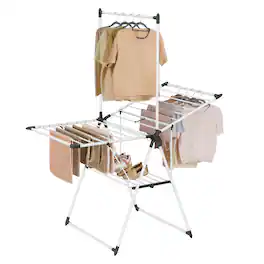 Songmics Home - Clothes Drying Rack, Foldable 2-Level Laundry Drying Rack, Free-Standing Airer, 1 Additional Tall Hanging Bar - Simply White