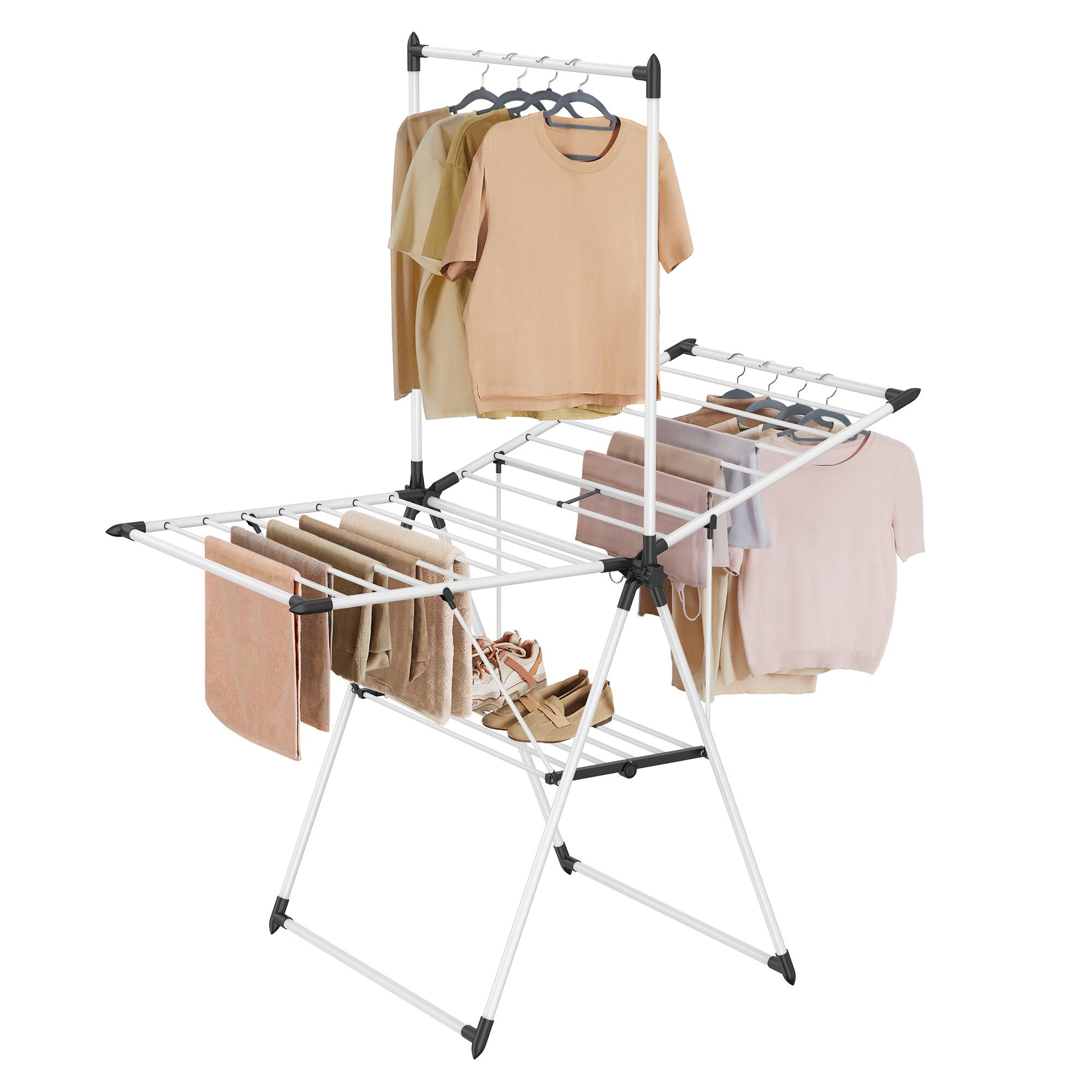 Front. Songmics Home - Clothes Drying Rack, Foldable 2-Level Laundry Drying Rack, Free-Standing Airer, 1 Additional Tall Hanging Bar - Simply White.