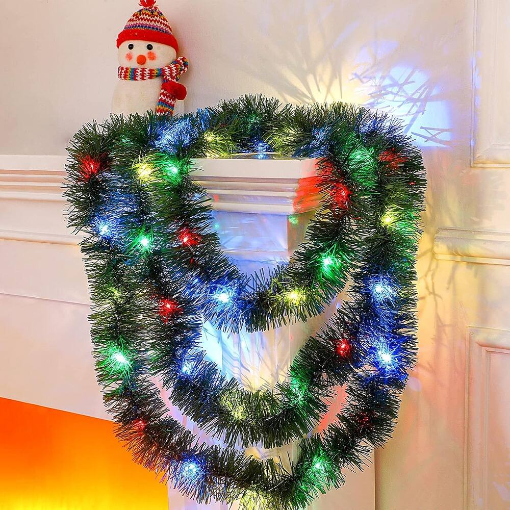 Front. PARKER SLATER - 16.4FT Lighted Christmas Tinsel Garland with 50 LED Lights, Green Metallic - Multicolor, Green.