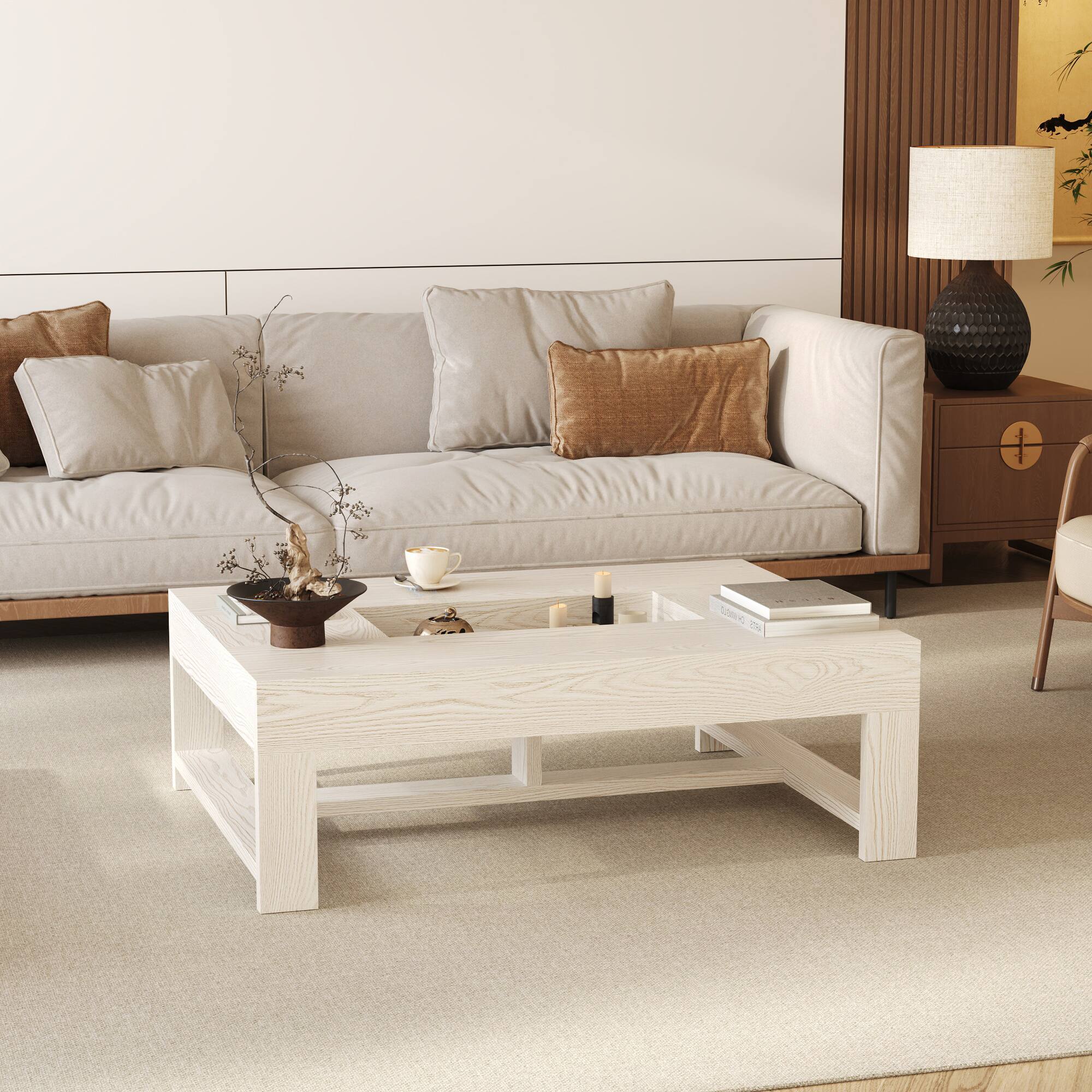 Alt View 7. FUFU & GAGA - Wood Grain Hollow Coffee Table with Central Storage and Minimalist Frame for Living Room - Off-White.