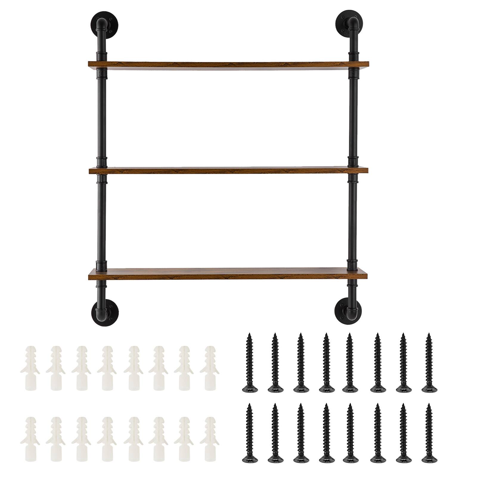 Alt View 5. VEVOR - Industrial Pipe Shelf, 3 Tier 32x7.87in, Wall-Mount Floating Rustic Wood Shelves Bracket Display Bookshelf - Black+vintage color.