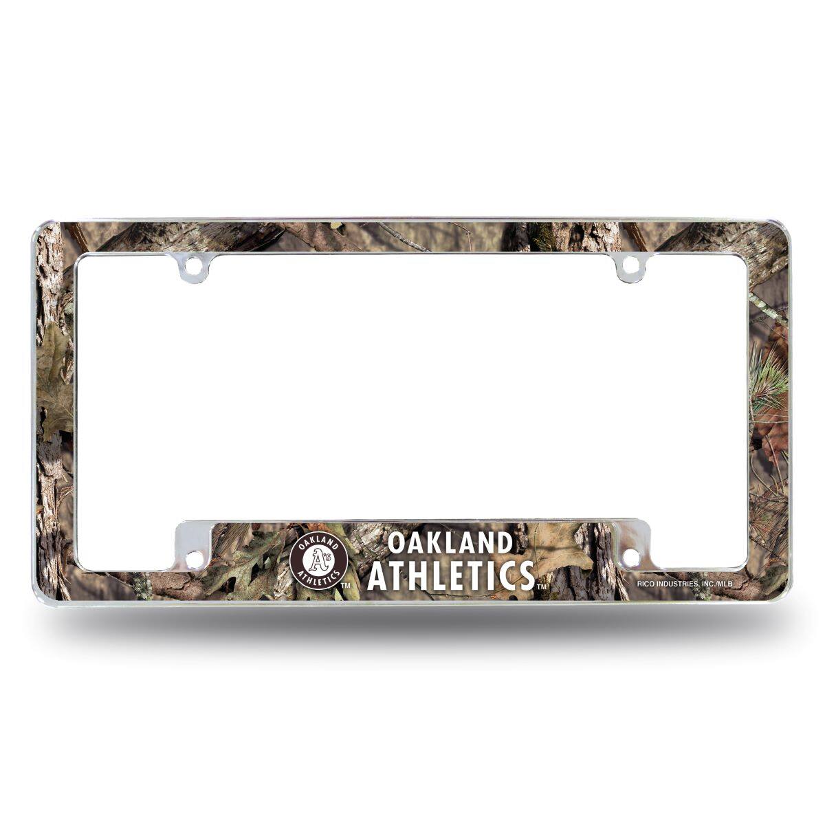 Oakland Athletics A's Chrome Metal License Plate Frame with Bold Mossy Oak Camouflaged Camo Design