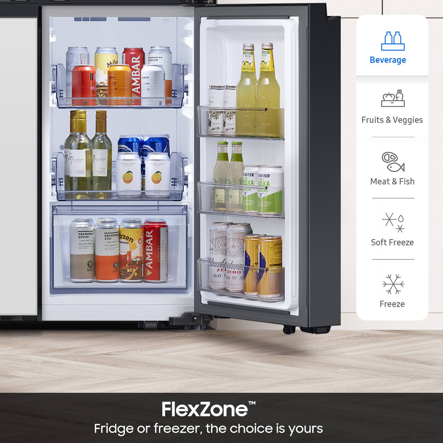 The text on the image reads: "FlexZone Fridge or freezer, the choice is yours."