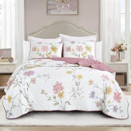 MarCielo - 3 Piece Lightweight Quilt Bedspread Set Reversible Floral Botanical - Pink Dahlia