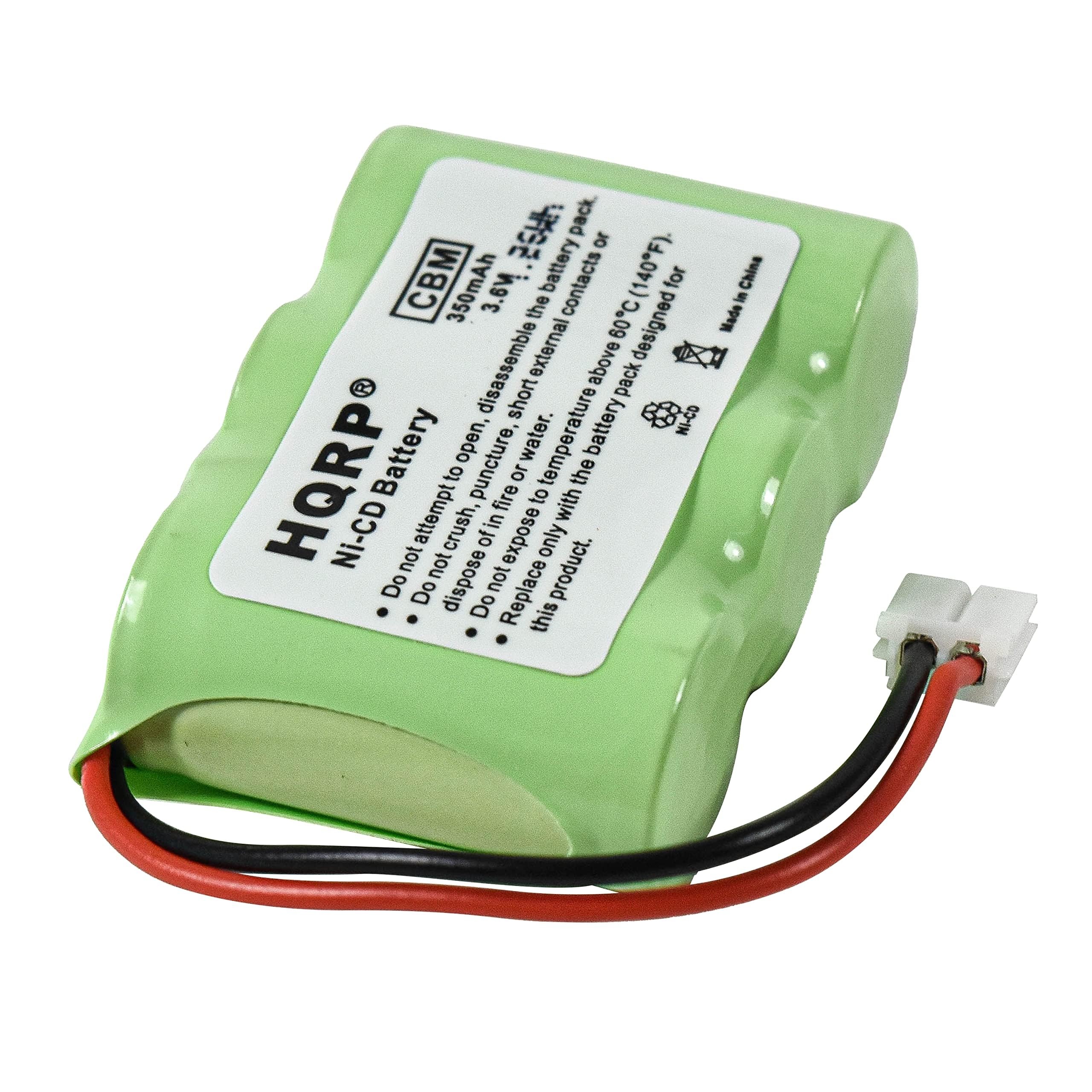 2 pack. CBM 350mAh 3.6V Ni-CD Battery 60C (140F). Do not attempt to open, puncture, disassemble or short the battery contacts. Do not expose to fire or water. Do not dispose of in fire or water. Do not crush, puncture or expose to temperature above 80°C (176°F). Replace this product. Made in China