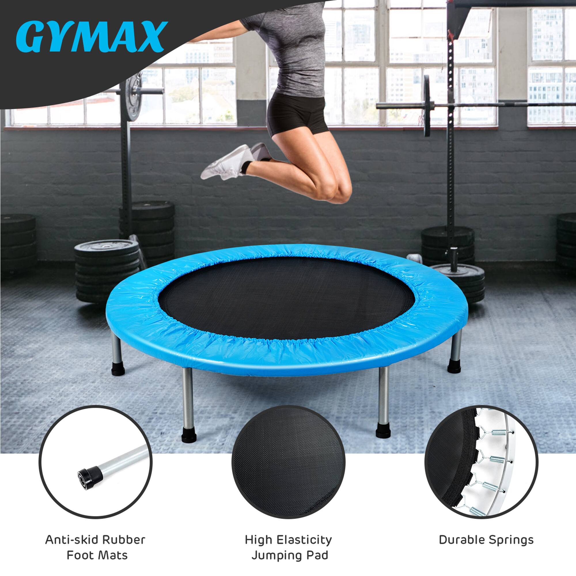 GYMAX

Anti-skid Rubber Foot Mats

High Elasticity Jumping Pad

Durable Springs
